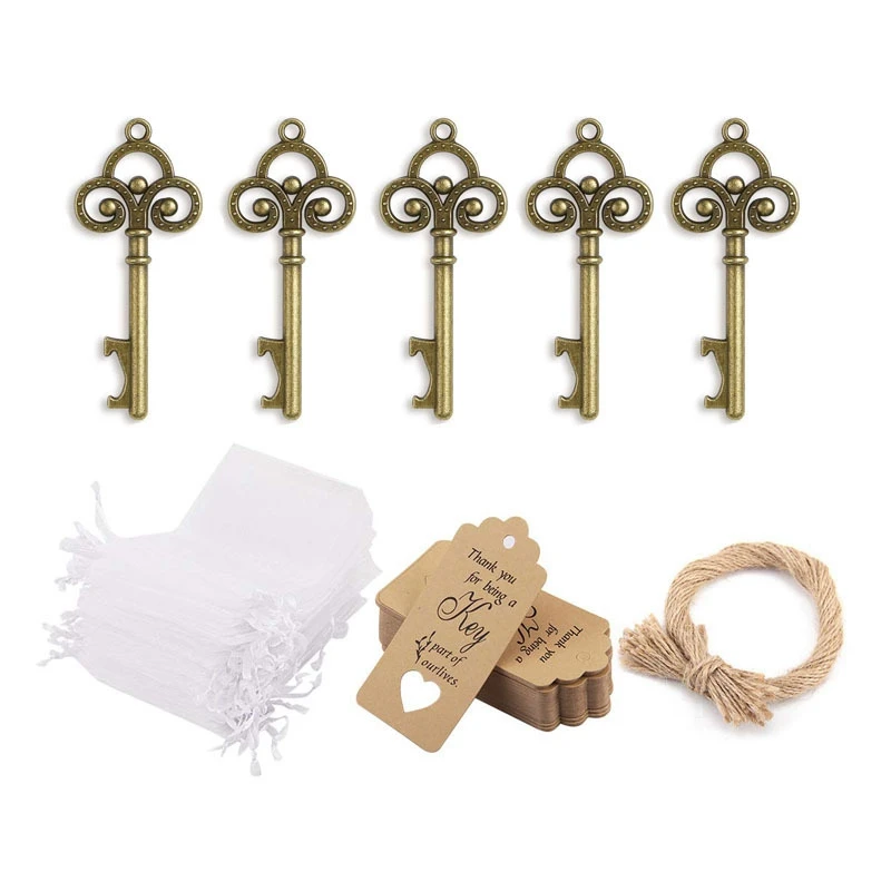 

50 Pcs Rustic Vintage Skeleton Key Bottle Opener With Tag Cards Sheer Bag For Guests Wedding Party Favors Souvenir Gifts