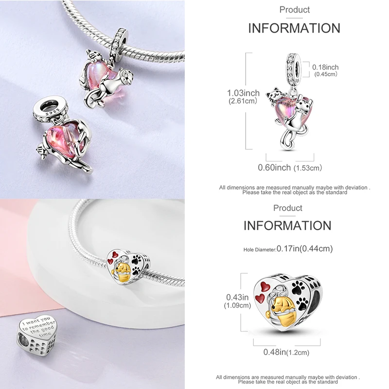 925 Sterling Silber Hund Katze Pfotenabdruck Charm Perlen Glücksbringer Katze Haustierliebhaber Herz DIY Armband Halskette Geschenk für Frauen Mädchen – Detail 3
