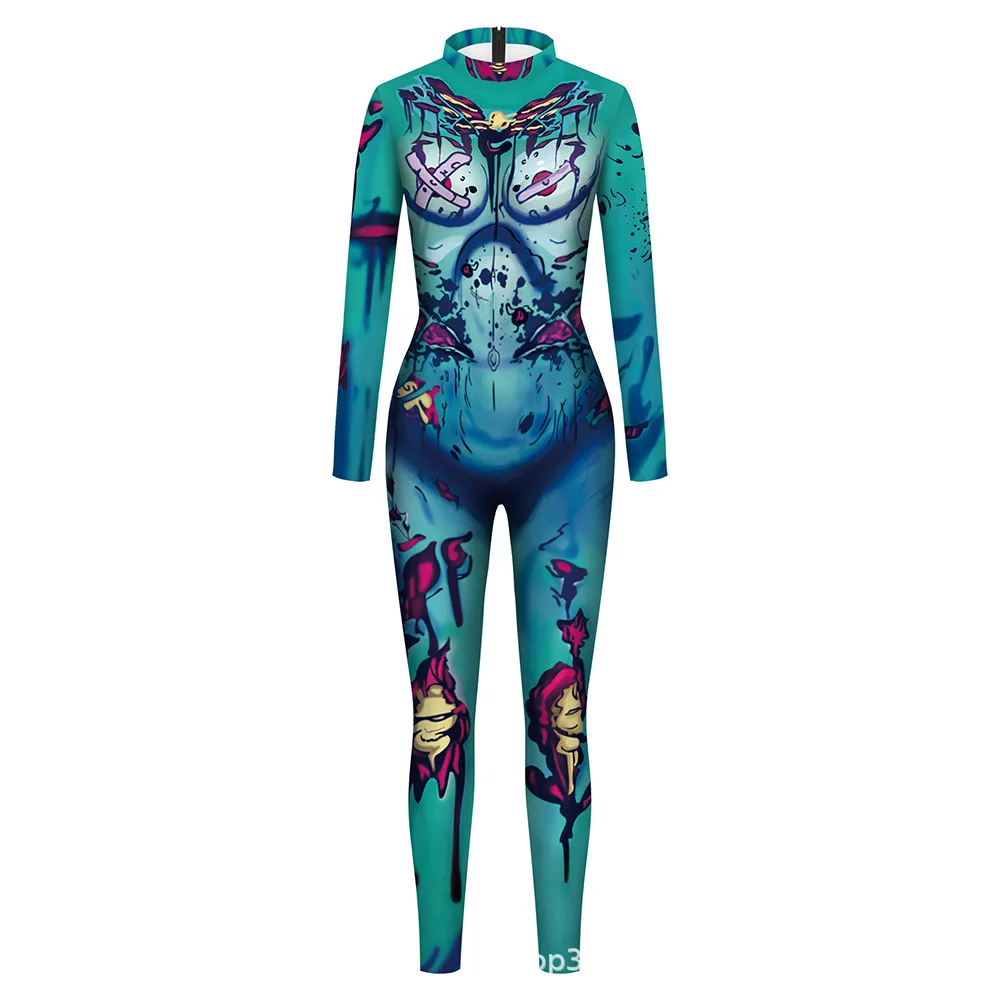 Halloween Sexy Damen Kostüm mit Digitaldruck, Karneval Bodysuit mit Reißverschluss, Party Cosplay Jumpsuit Outfit – Detail 13