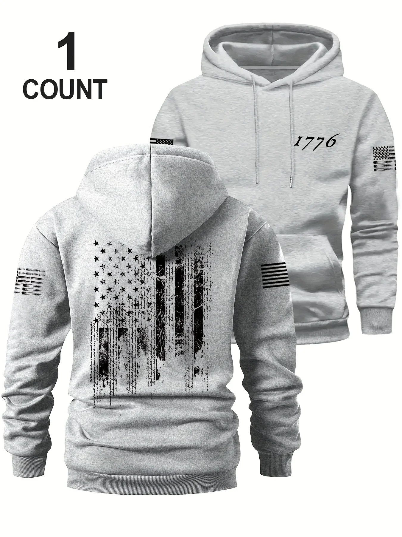 Men Oversized Pullover Hoodie 1776 Distressed American Flag Back Print Patriotic Streetwear Long Sleeve Fleece Sweatshirt Autumn