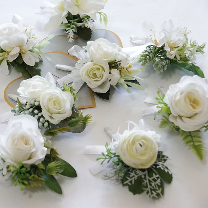 Putih buatan Boutonnieres bunga pergelangan tangan Corsage aksesoris mariage pria bros pengantin gelang dekorasi lubang kancing