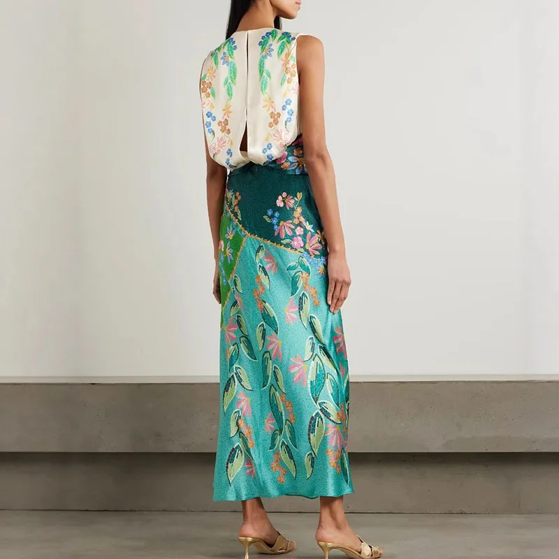 2025 New Retro O Neck Zipper Maxi Dress Summer Satin Floral Print Folds Party Dresses Spring Women Elegant Sleeveless Boho Dress