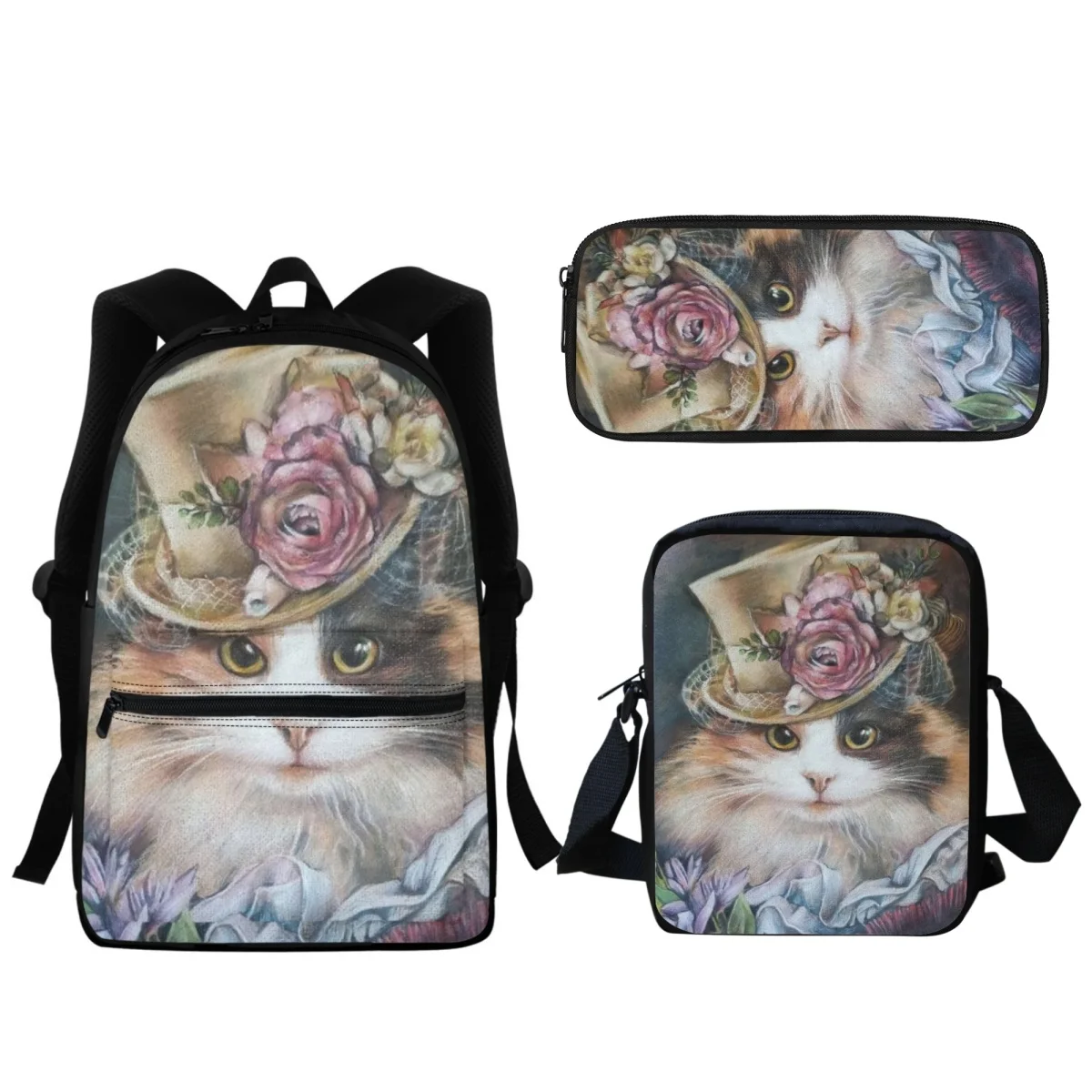 Cute Oil Painting Cat Design BookBag Large Capacity Zipper Middle School Student Backpack Pencil Box Small Lunch Satchel 2024