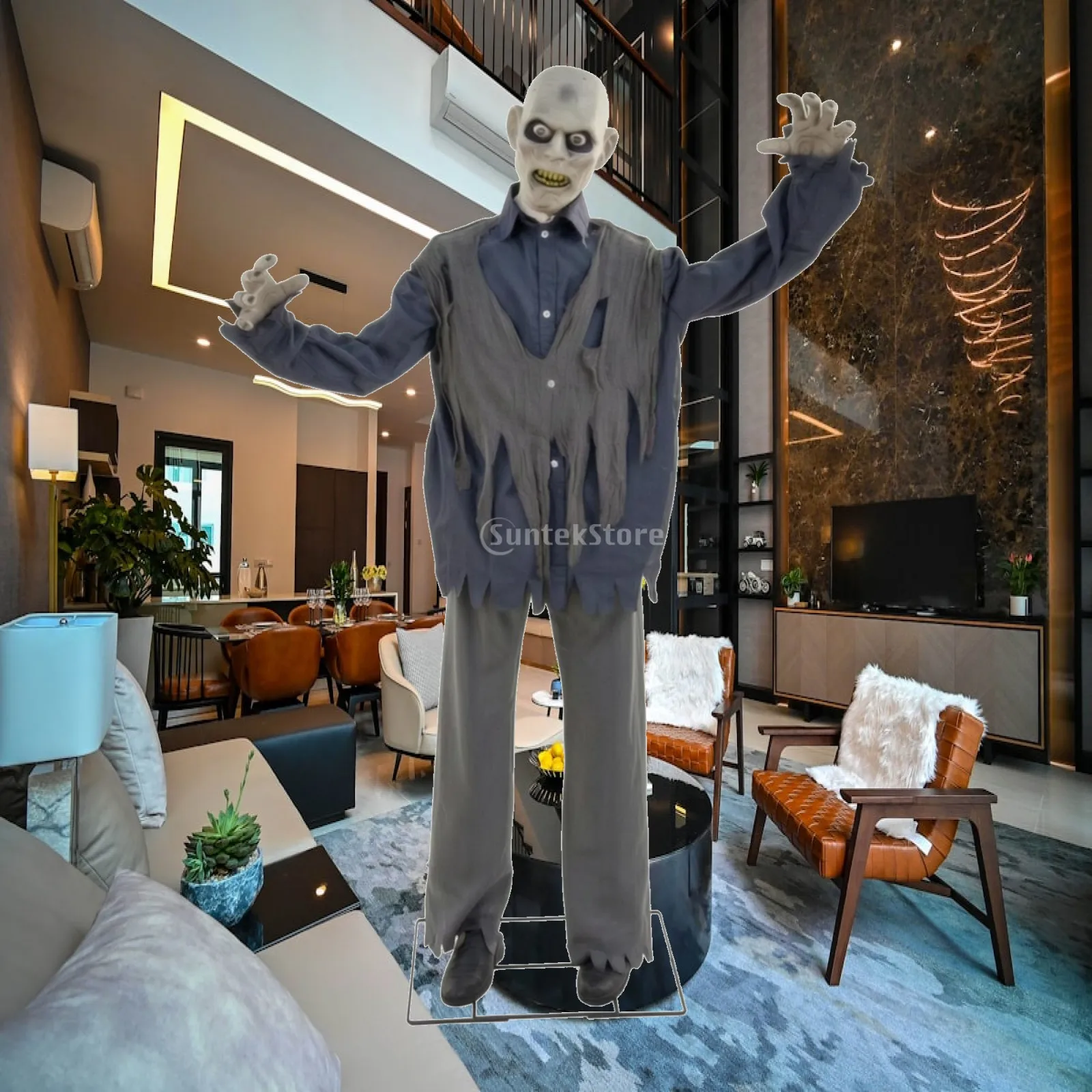 Standing Zombie Prop Light-up Animated Zombie Halloween Decoration with Glowing Eyes Lighted Skeleton Realistic