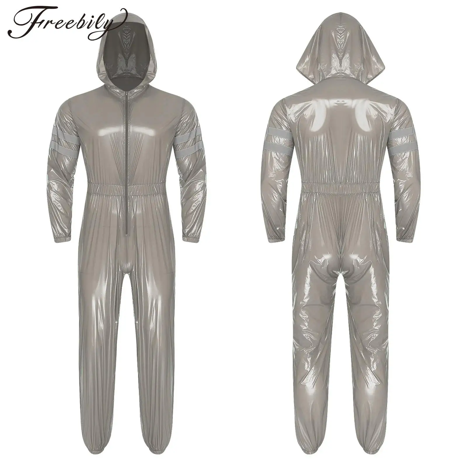Men Long Sleeve Reflective Strips Zipper Waterproof Hooded Coveralls Raincoat Maintenance Construction Sanitation Work Jumpsuit