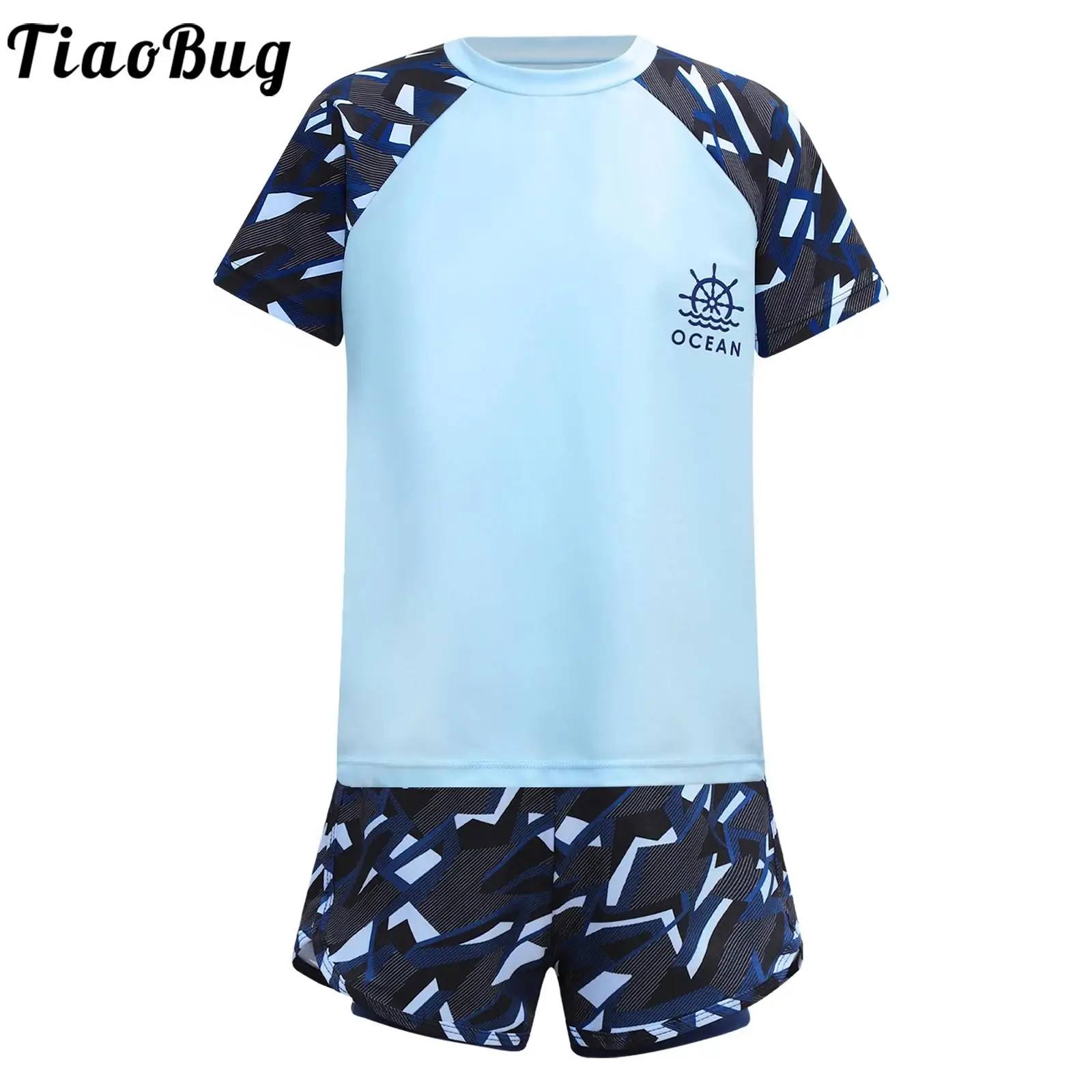 Kids Boys Swimsuit Rash Guard Short Sleeve Tops with Shorts Trunks Bathing Suits Pool Water Sport Surfing Swimwear Beachwear