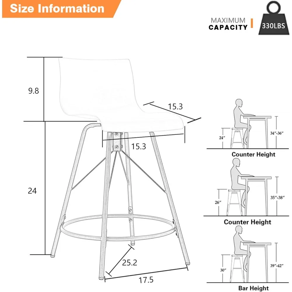 Ensemble de 4 tabourets de bar à percussion noirs avec dos, moderne, comptoir de cuisine, chaise de bar, siège en plastique, pieds en métal, recommandé, 24"