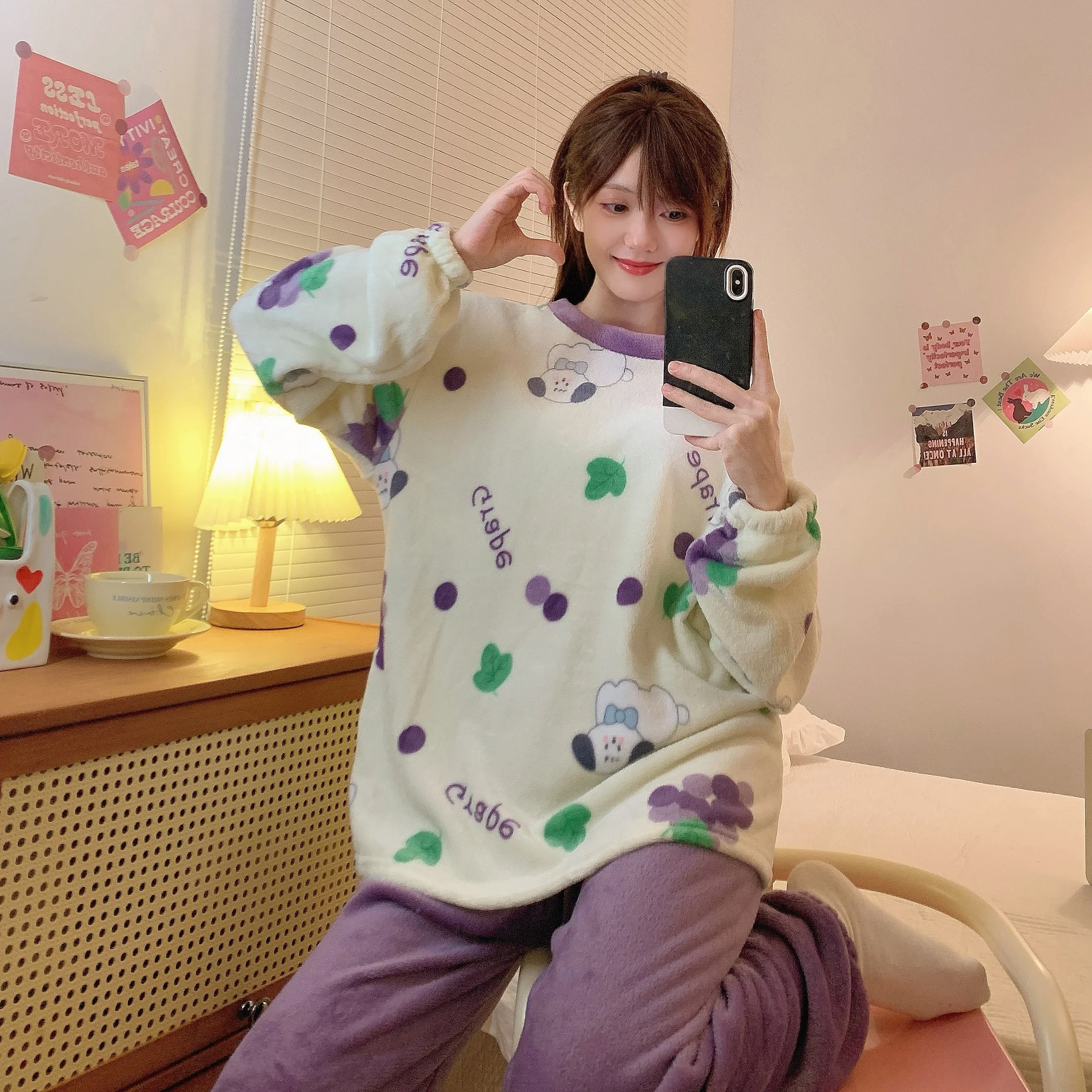 New Coral Velvet Sleepwear Women Autumn Winter Flannle Pajamas Set Soft Kawaii Cloth Warm Thick Homewear Korean Fleece Nightwear