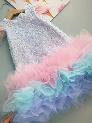 Customized Sequin Sweet Junior Bridesmaid Dresses O-neck Sleeveless Feathers Flower Girl Dress A-line Luxury Shinny Girl Birthda