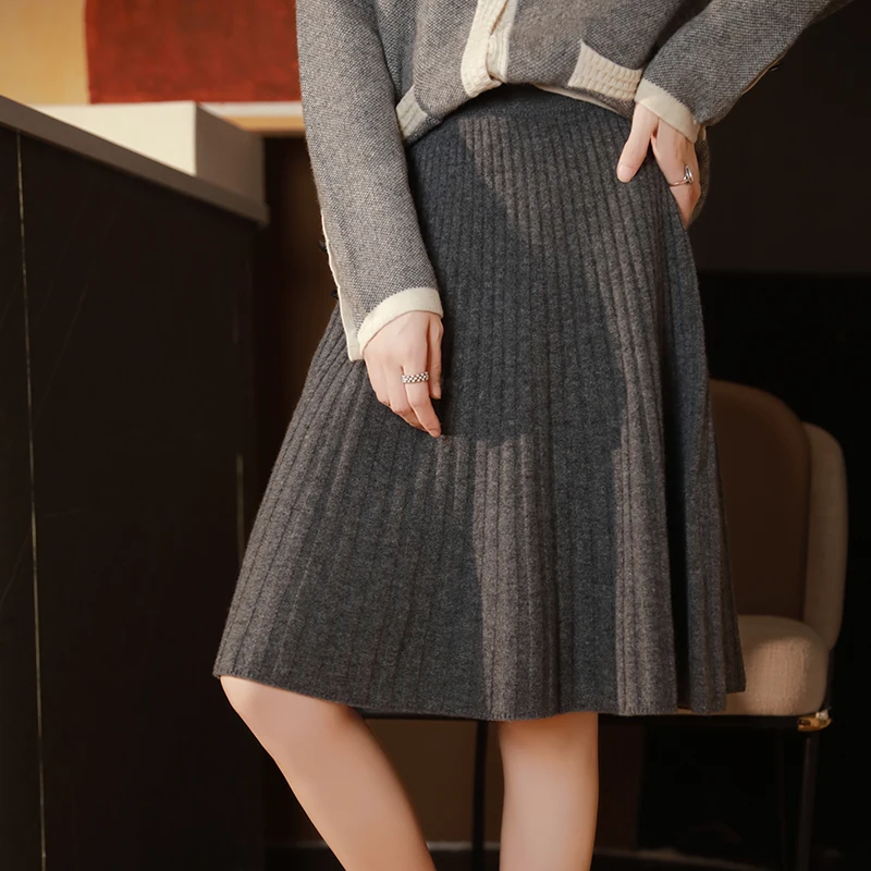 Elegant Women 100% Wool Knitted Skirt Korean Fashion Solid Casual A Line Ladies Pleated Short Skirt Spring Chic High Waist Skirt