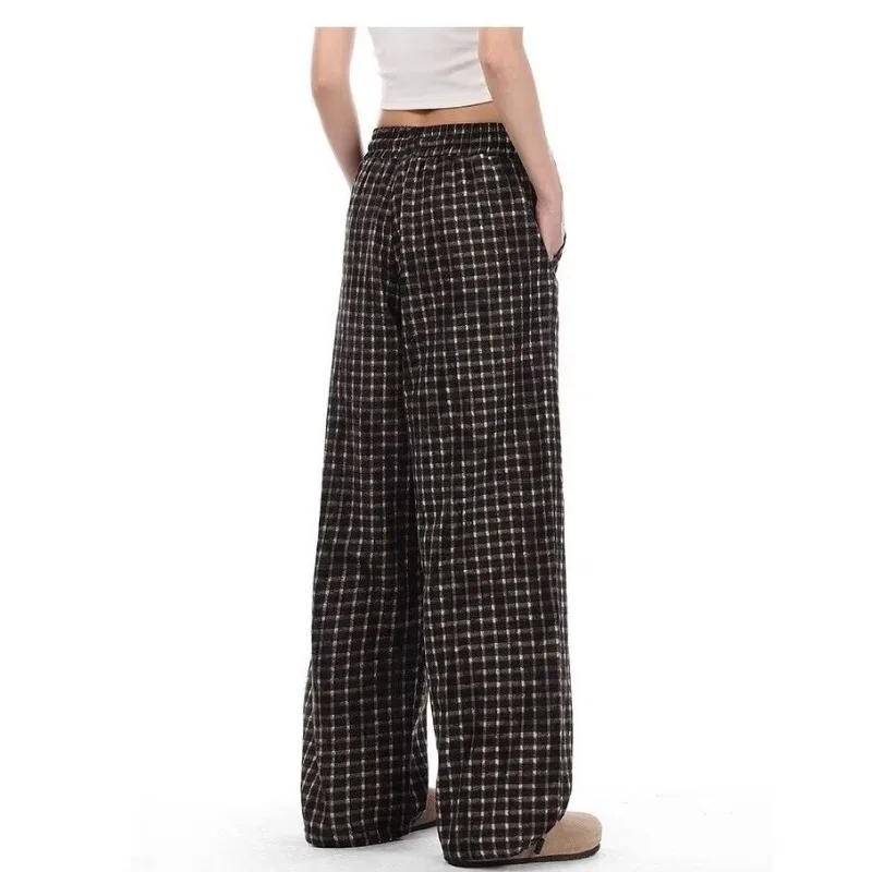 Pants Women Contrast Color Plaid Three-dimensional Badge Decorated Straight Casual Drawstring Wide Leg Loose Unisex Trousers