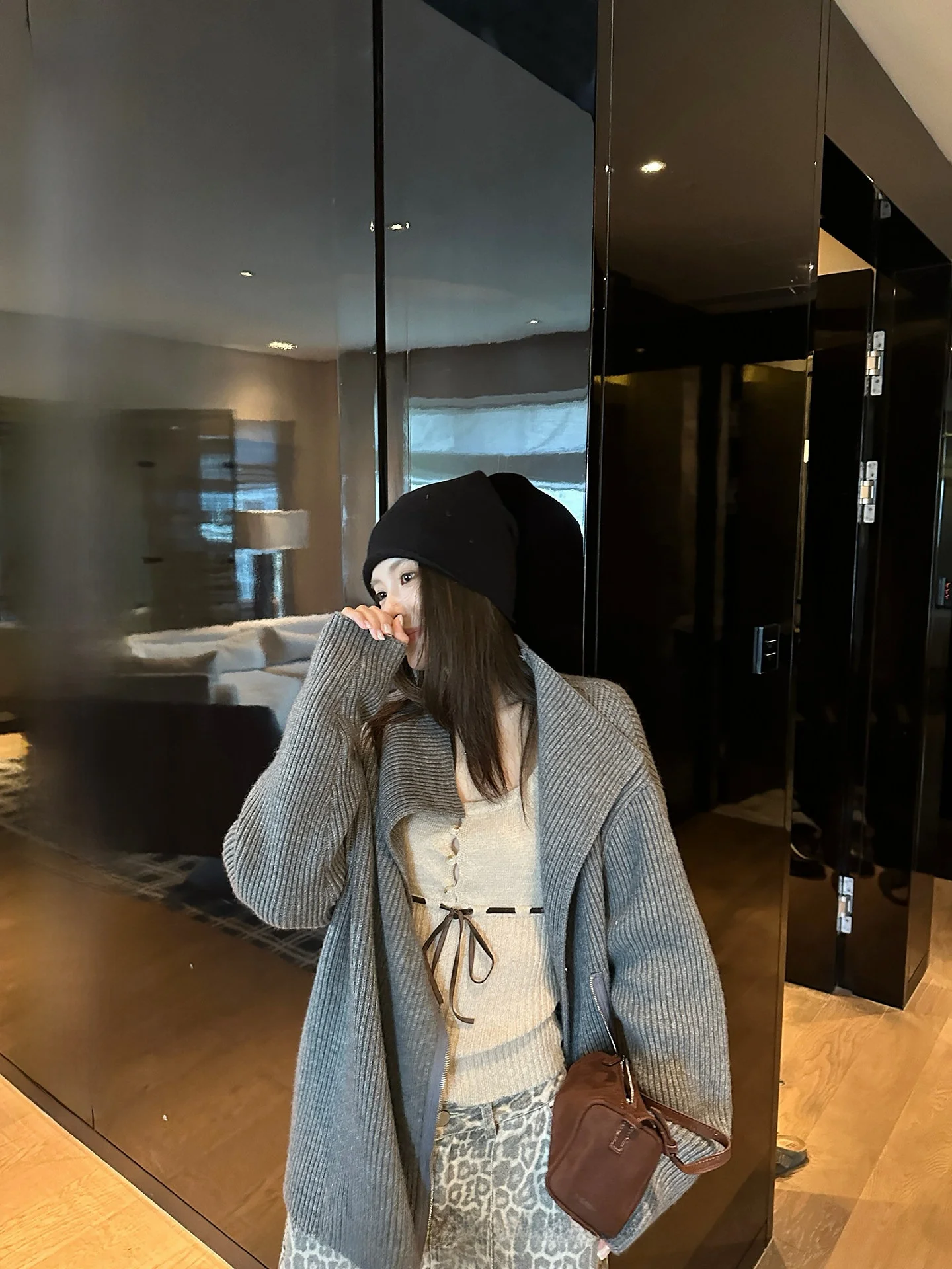 

Женский вязаный кардиган Ningi на молнии, осенняя новинка, свободный крой, повседневный стиль, с большим воротником, верхняя одежда