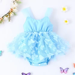 2PCS Summer Baby Girls 0-2 Years Old Comfortable Cool Blue Embroidered Butterfly Lace Gauze Skirt Hem Ha Dress + Head Scarf