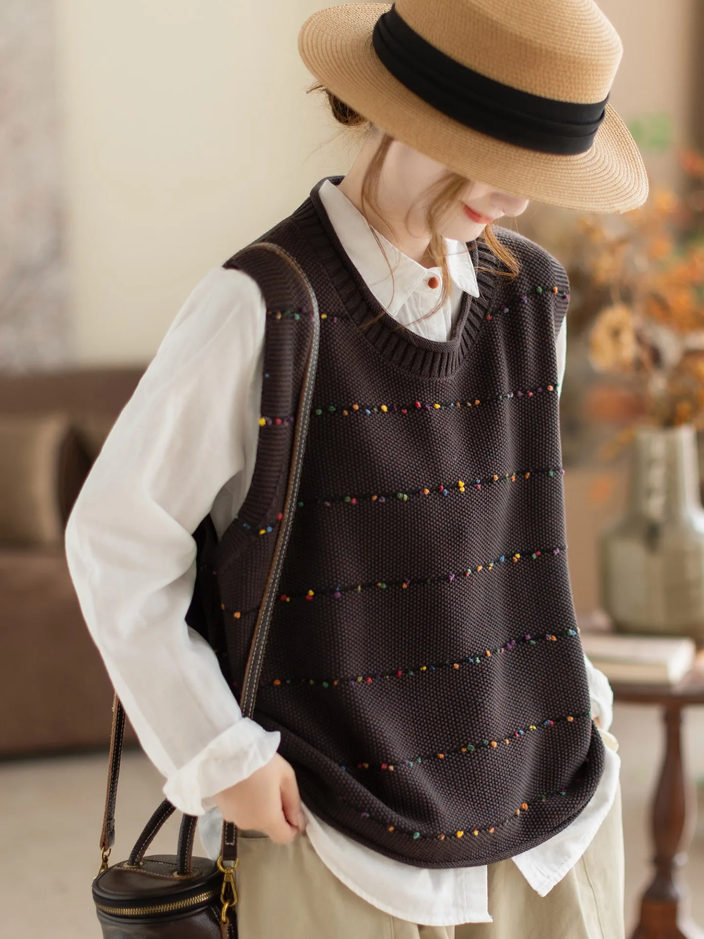 

Faionable round Ne Knitted Vest Women's Spring Autumn Layering Versatile Slimming Sweater Vest Casual Sle Svel