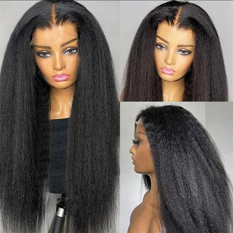 Soft Long Glueless Yaki Natural Black 30Inch Kinky Straight Lace Front Wig For Women With Baby Hair Synthetic Preplucked Daily