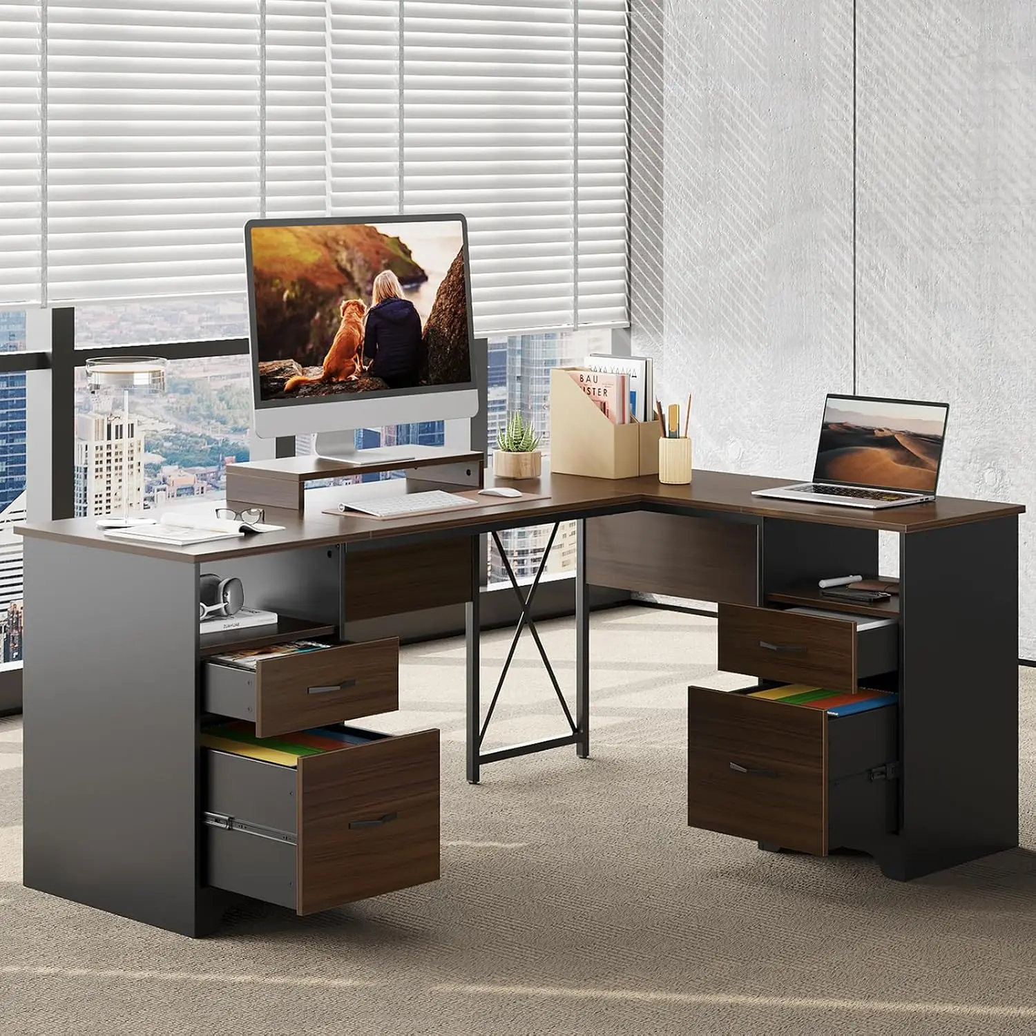 L Shaped Desk with 4 Drawers & Monitor Stand, Cherry Desk with Open Storage & 2 File Drawers for Home Office, Customized