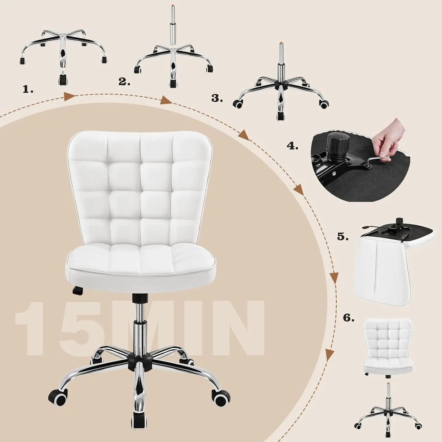 Armless Desk Chair Modern Tufted Office Chair Faux Leather Upholstered Computer Chair w/ Adjustable Seat Height & Rolling Wheels