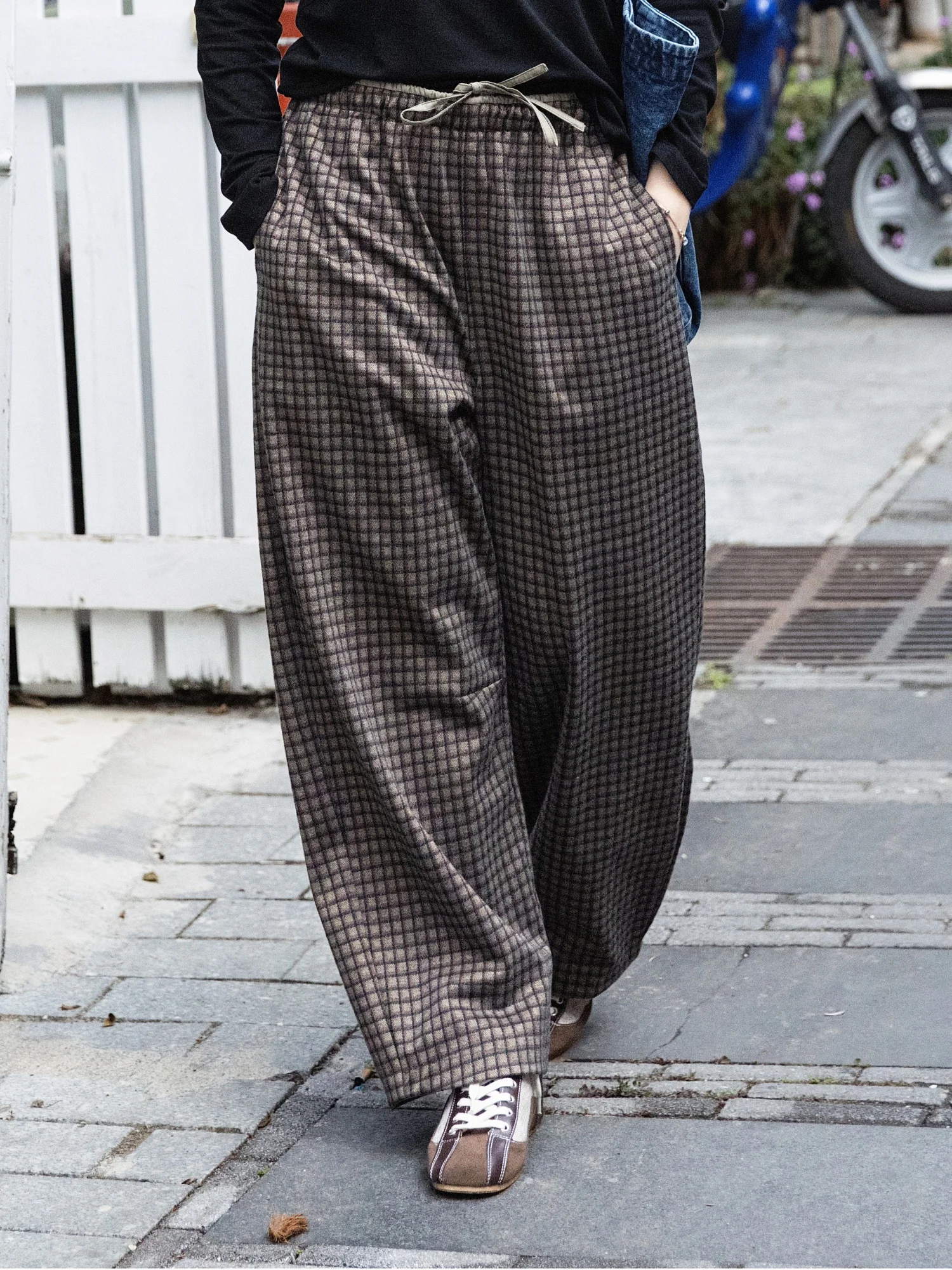 

Retro Plaid Woolen Loose Straight Leg Pants Women's Casual Trousers Drapey Comfortable All-Match Long Pants by YWSC