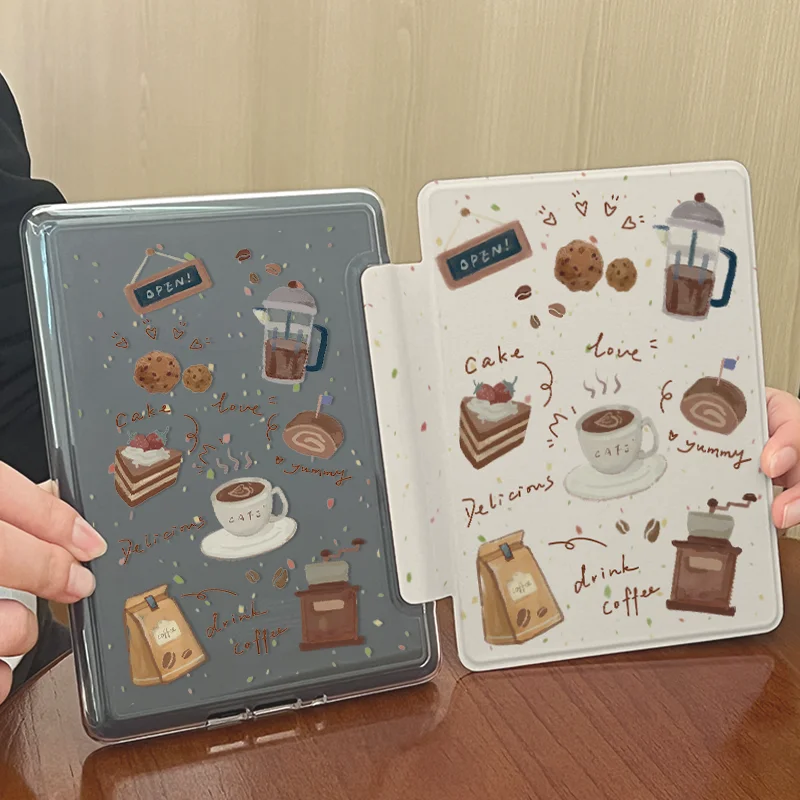 

Чехол для Kindle с кофейно-десертной тематикой, прозрачная задняя панель, магнитный, с функцией автоматического пробуждения/сна, для 11-го поколения, Paperwhite 1/2/3/4/5/6