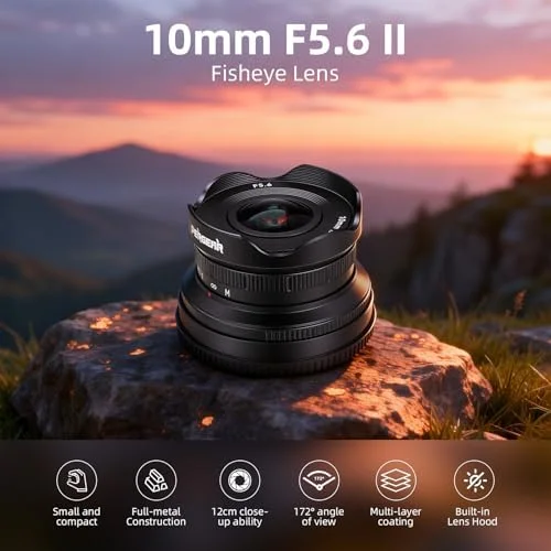 PERGEAR 10mm F5.6II APS-C Fisheye Manual Focus Prime Lens for Fuji XF M43 Sony E Canon EOS M Nikon Z Mount Mirrorless Cameras