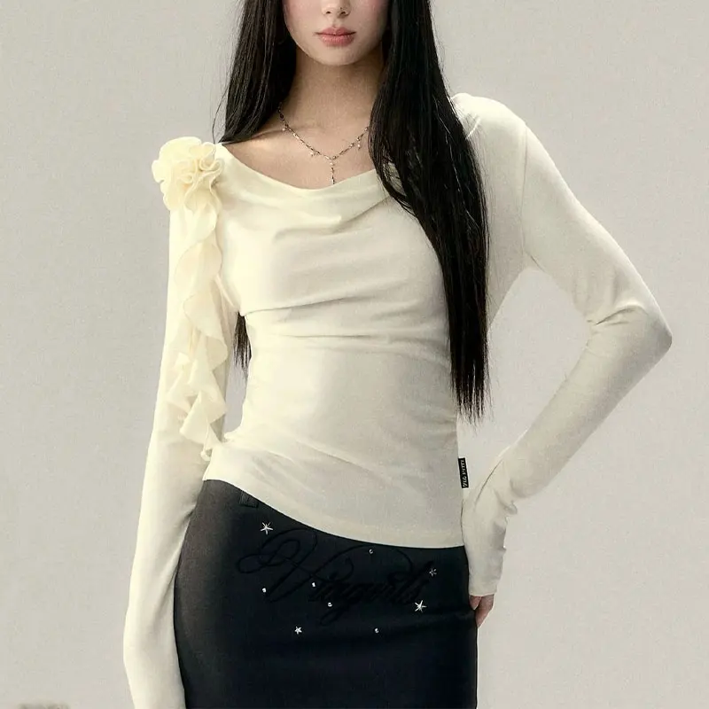 

Stylish Rose Ribbon Slim Pullovers Spring Autumn Slash Neck Women's Clothing Solid Color Basic Long Sleeve Folds Casual T-shirts