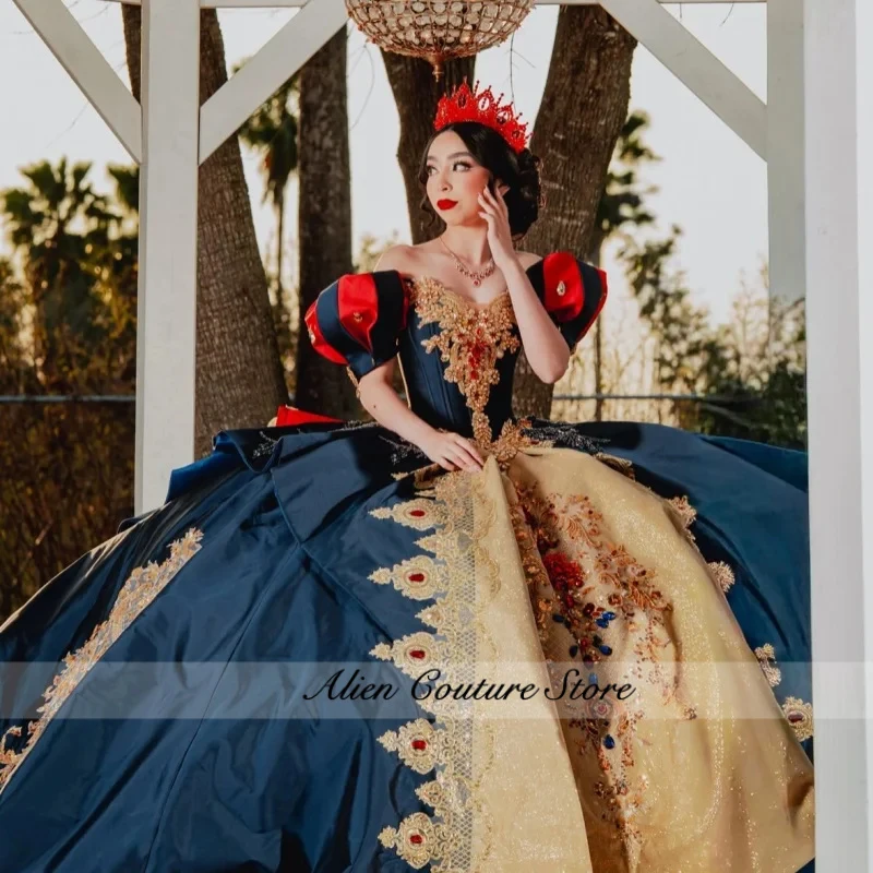Satin Deep Blue Quinceanera Dress Lace Glitter Crystal Diamonds Gems Long tail Bow vestidos de 15 Quinceanera Customiz