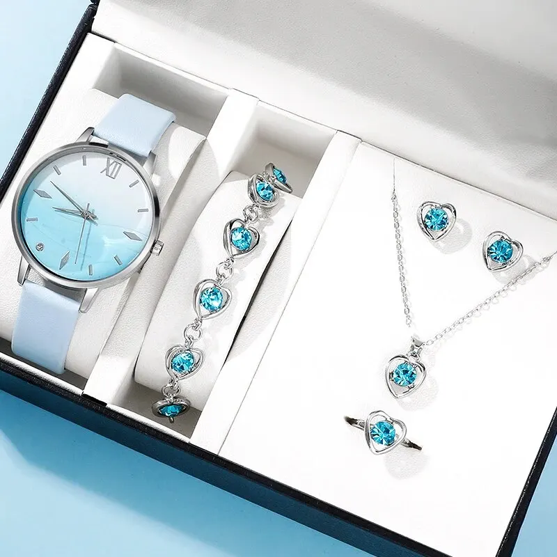 6Pcs Set Fashion Women Simple Wrist Watches Blue Rhinestone Quartz Watch Leather Strap Ladies Dress Bracelet Watch Set Gifts