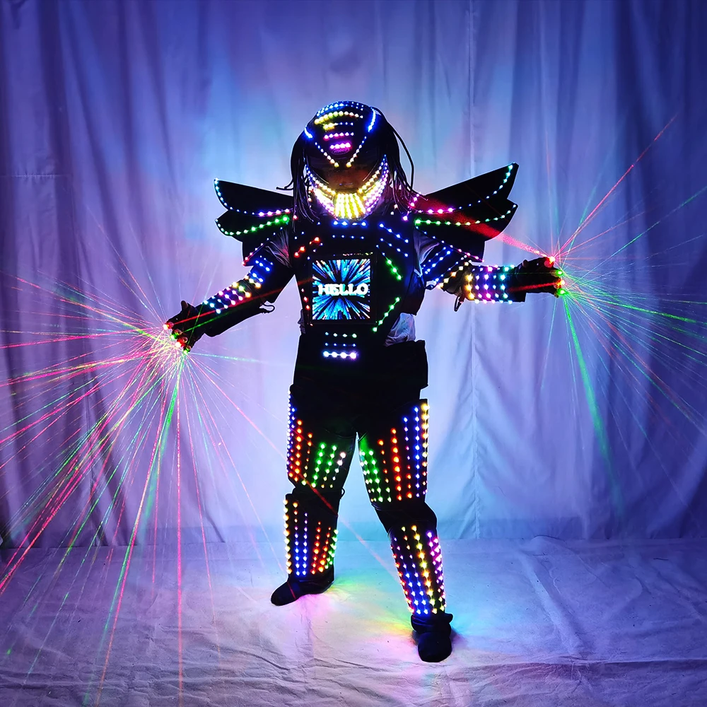 Pixels LED Robot Suit, Full Color Change, Stage Show, Singer Party Performance Wear, Helmet with Laser Gloves