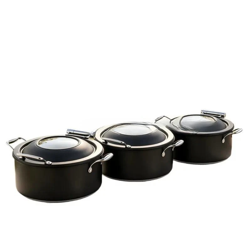 for Commercial 4.5L Black Stainless Steel Insulation Pot with Glass Cover Electric Base Energy Saving Buffet Utensils Keep