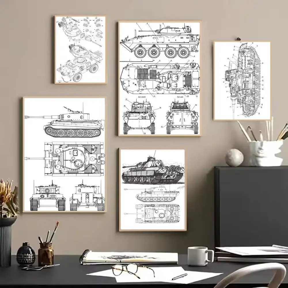 Fashion Military Detailed T-Tank Hand Drawing Poster Painting Wall Art for Living Room Home Gifts Decor Mural