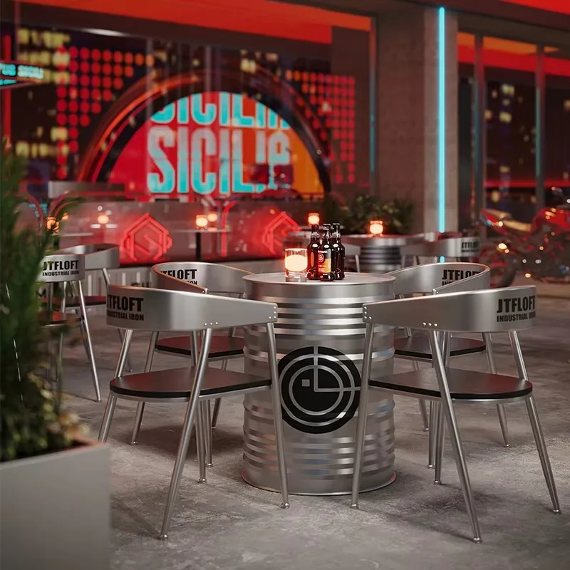 Commercial cafe furniture set, customizable logo, silver dining table and chairs