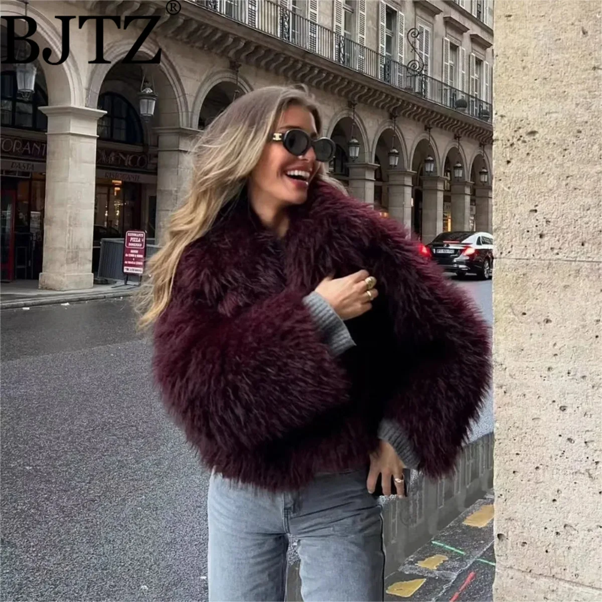 

BJTZ 2025 Fall Winter Women Burgundy Casual Faux Fur Jackets Fashion Streetwear Turn Down Collar Warm Oversized Thick Coats
