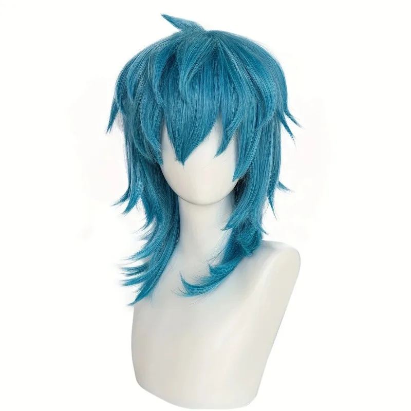 Anime Cosplay Pruik Kort Blauw Hittebestendig Synthetisch Haar Volledige Pruik Cap voor Stijlvol Halloween Kostuum