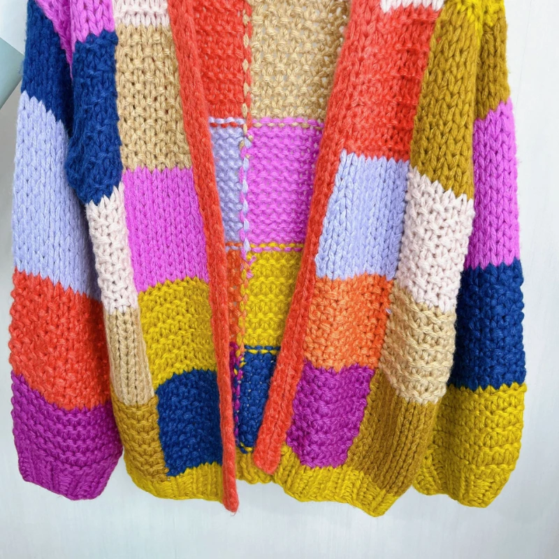 Chunky Knit Cardigan Women Handmade Patchwork Multi Color Loose Sweater Cardigan 2024 Winter Rainbow Knitwear