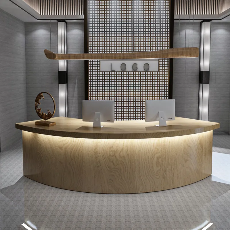 Semicircular wood pattern reception counter Hotel clubhouse Atmosphere coffee Bar reception desk Curved balcão de loja furniture
