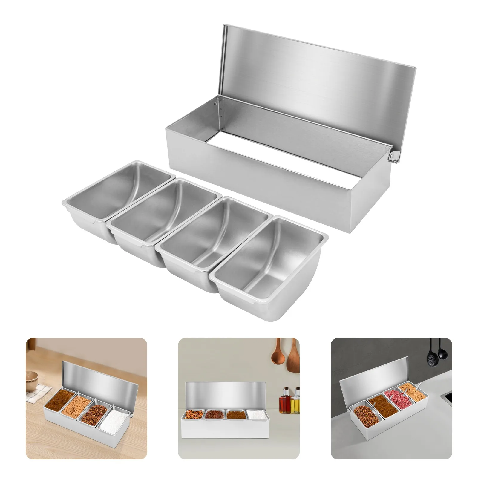 4 Slot Stainless Steel Condiment Carrier Countertop Holder for Sauce Ingredients for Private Kitchens, Restaurants, Vendors, Tables, Buffets, Parties, Shops