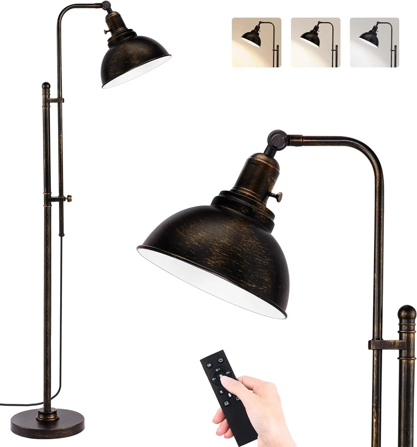 

Adjustable Industrial Floor Lamp, Aged Black Metal Shade, Remote Control Standing Lamp for Living Room, Bedroom, Office
