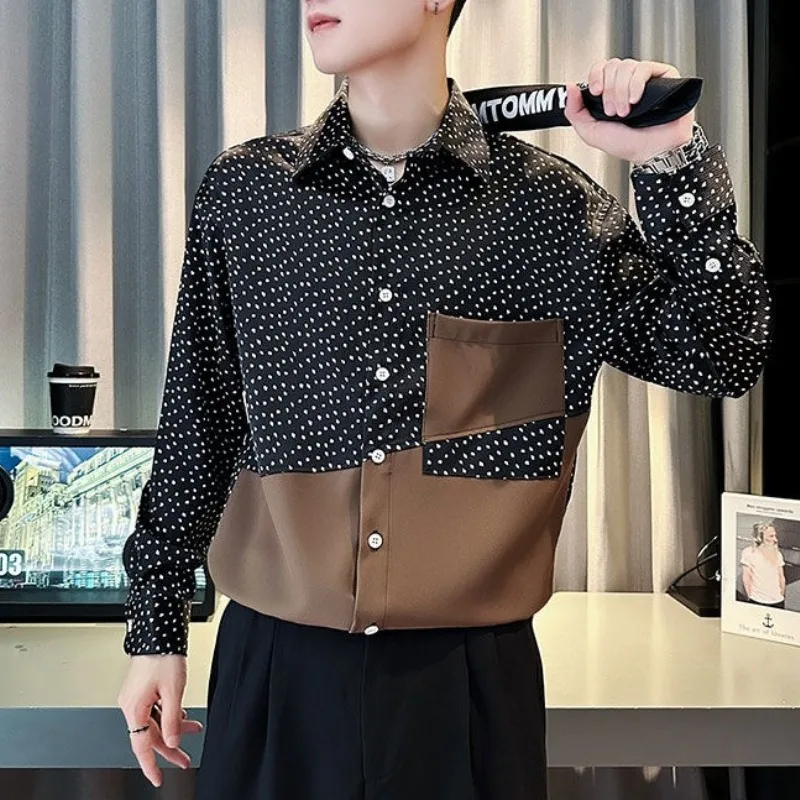 

Men's 2024 Summer New Patchwork Square Collar Button Printin Polka Dot Pocket Slim Fit Comfortable All-match Long Sleeved Shirts