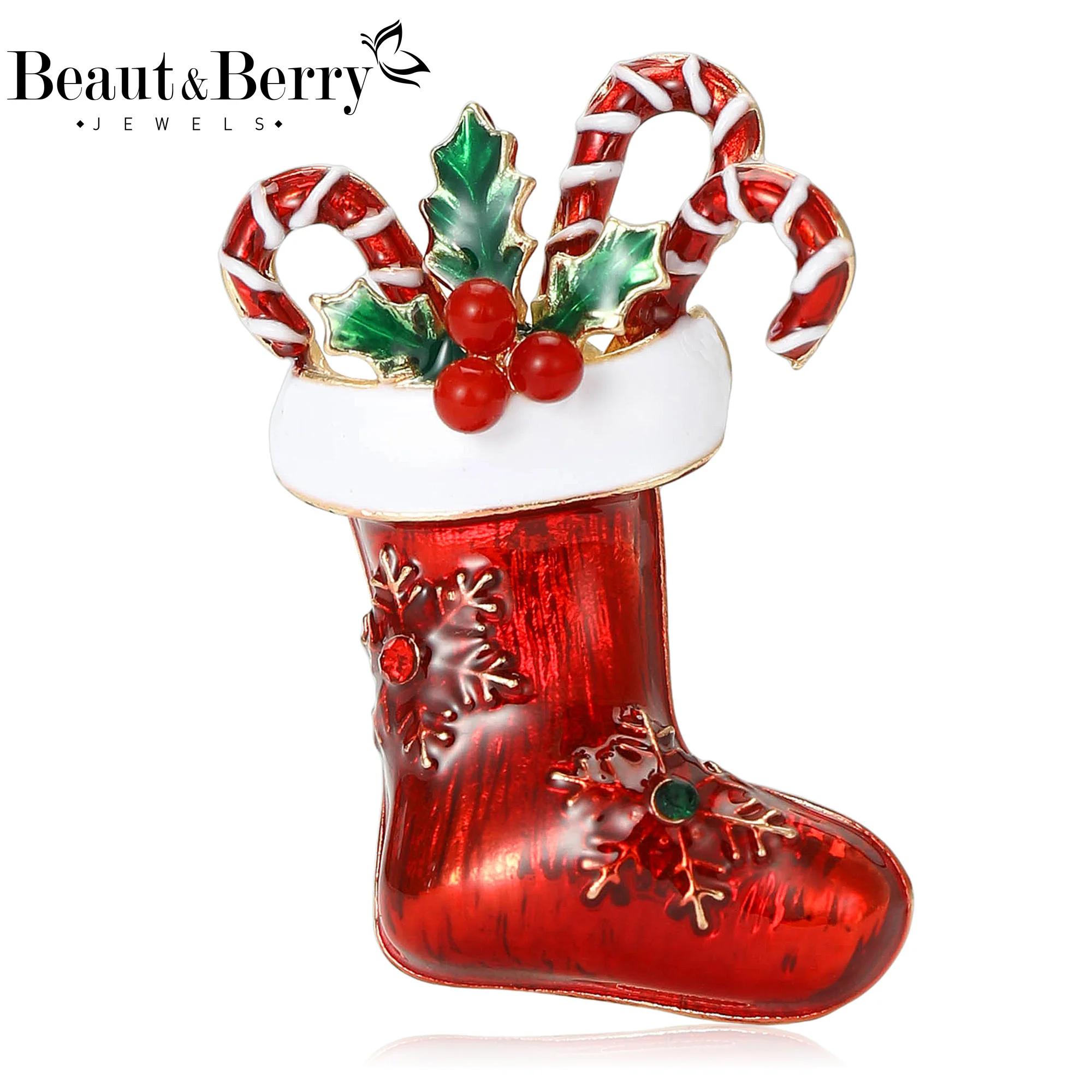 Beaut&Berry Luxury Enamel Christmas Stocking Brooches for Women Festive Pins Casual Party Friend Accessories Gifts Decoration