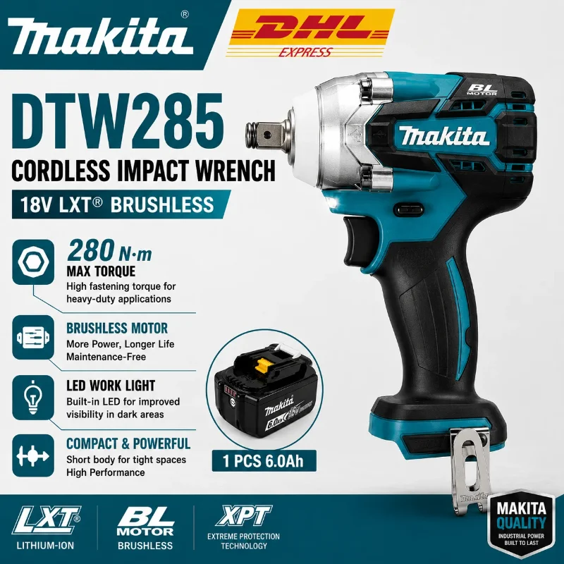 Makita DTW285 18V 320N·m Bürstenloser Schlagschrauber 1/2" Akku-Elektrowerkzeug EU-Lager 1–3 Tage Lieferzeit + Makita 18V 6,0Ah Lithium-Ionen-Akku