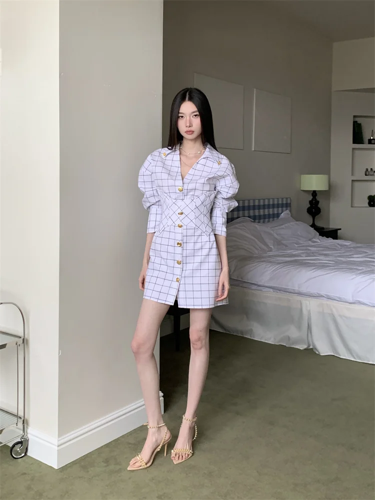 CHEERART 가을 2025 패션 여성 격자 무늬 셔츠 드레스 디자이너 흰색 단추 업 칼라 미니 짧은 드레스 패션 의류