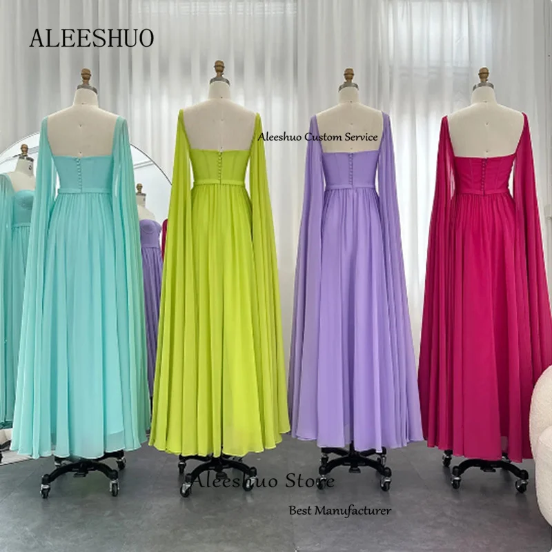 Aleeshuo-elegante vestido de baile quadrado, Chiffon, mangas compridas, até o chão, personalizado, plissado simples, Arábia Saudita, 2023