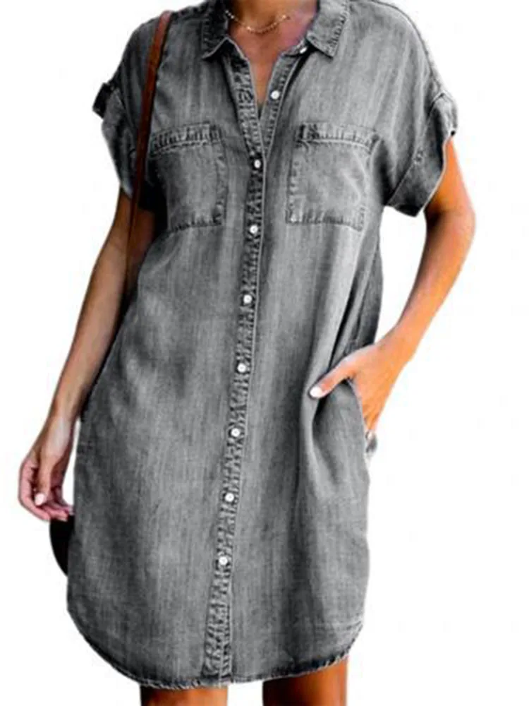 Summer New Single Breasted Denim Shirt Dress Women\'s Casual Loose Pocket Simple Retro Commuter Female Office Denim Short Skirt