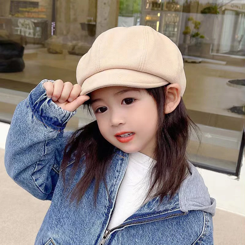 Boina de fieltro de lana de Color sólido para niños y niñas, gorra octogonal de otoño e invierno, gorra de pintor de artista Simple a la moda para niños
