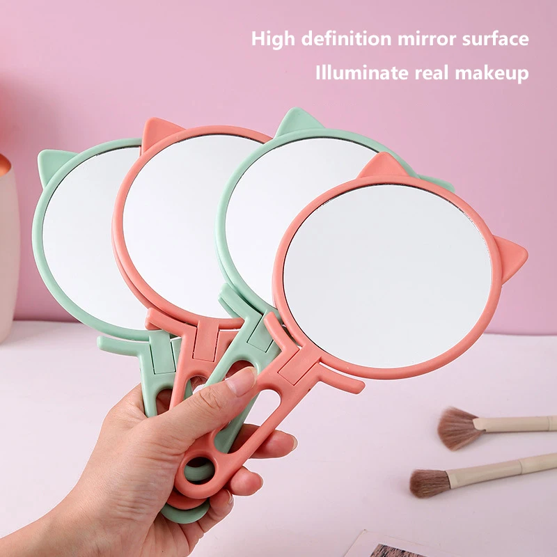 1pc Simple Cat Ears Handheld HD Makeup Mirror Portable Foldable Dual-Use Desktop Mirror Affordable Student Handle Makeup Mirror