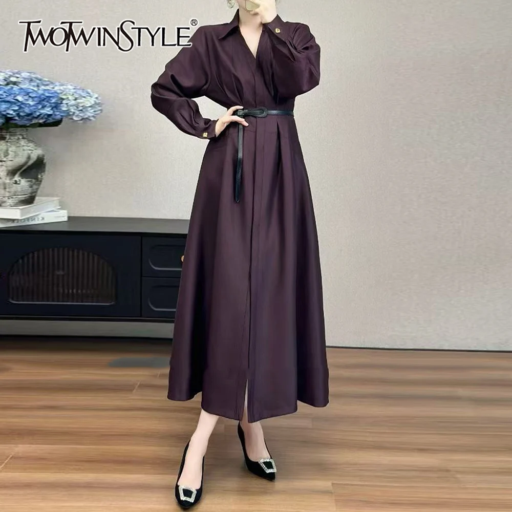 

TWOTWINSTYLE фиолетовое платье с поясом, женское свободное минималистичное элегантное женское платье с лацканами и длинными рукавами, осенняя мода, новинка