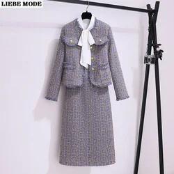 High Quality Female Elegant Skirt Suits Fall Winter Tassel Tweed 2 Piece Set Women Jacket Coat with Midi Skirts 2-piece Outfits