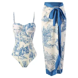 Women’s Swimsuit Chinese Style Printed Hot Spring Swimwears Beach Skirts Bikini Jumpsuit 2024 New Fashion Elegant Beachwear