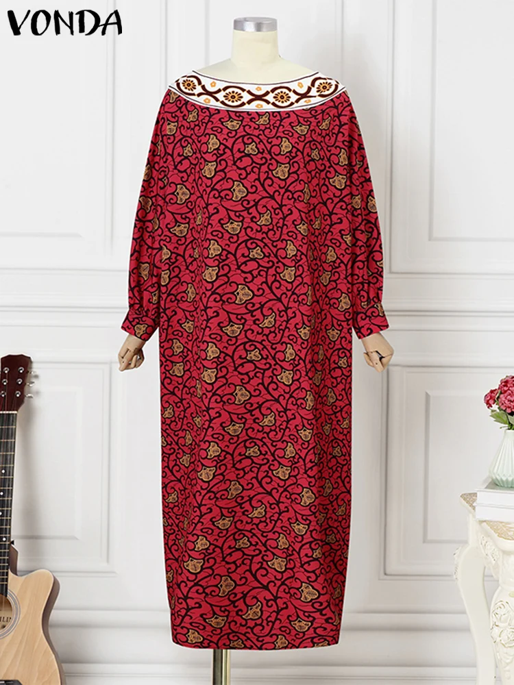 Plus Size 5XL VONDA Donna Stampa Maxi Dress 2024 Manica lunga a pipistrello Bohemian Abiti eleganti Casual Girocollo Abiti lunghi