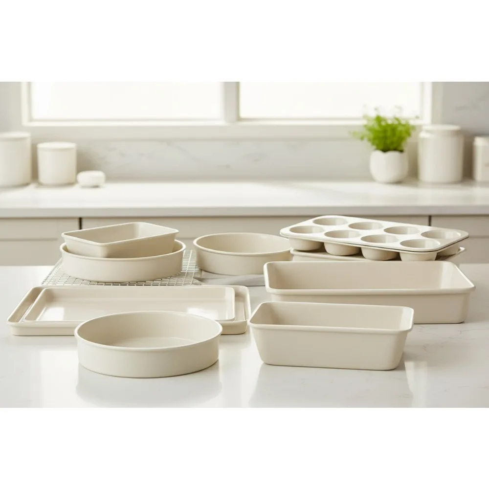 

10-Piece Ceramic Baking Pans Set Non-Toxic Non-Stick Bakeware for Home Bakers - Linen White